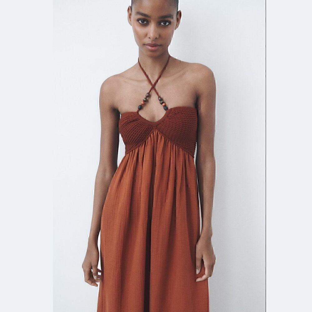 Zara NWT Rust Halter Cotton Midi Dress Boho Resort S - Picture 11 of 14